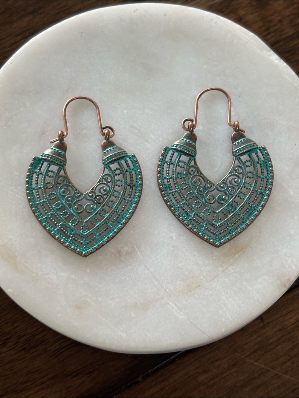 Turquoise Patina Filigree Heart Drop Earrings - Women Jewelry